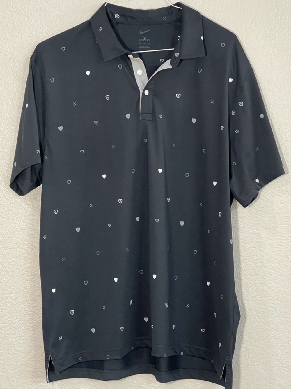 Nike Dri-Fit Player All Over Print Black Golf Polo with White Micro Shield Print